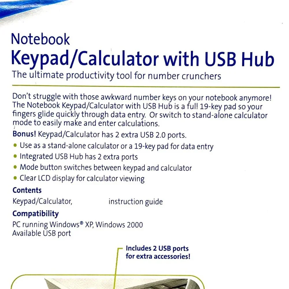 Kensington Notebook Keypad Calculator With USB Hub 3-in-1 Productivity Tool